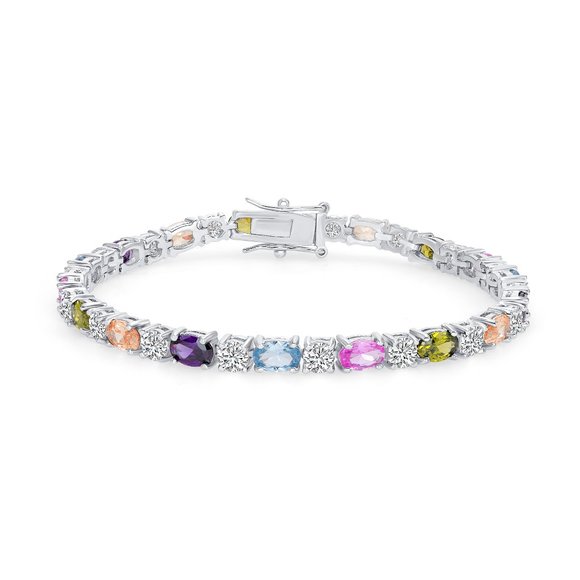 Silver 925 Rhodium Plated Multicolor Cubic Zirconia Tennis Bracelet
